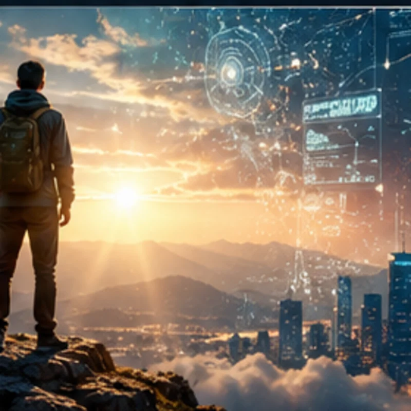 A person facing a sunrise beside an abstract digital human profile, representing human identity confronting algorithmic classification.