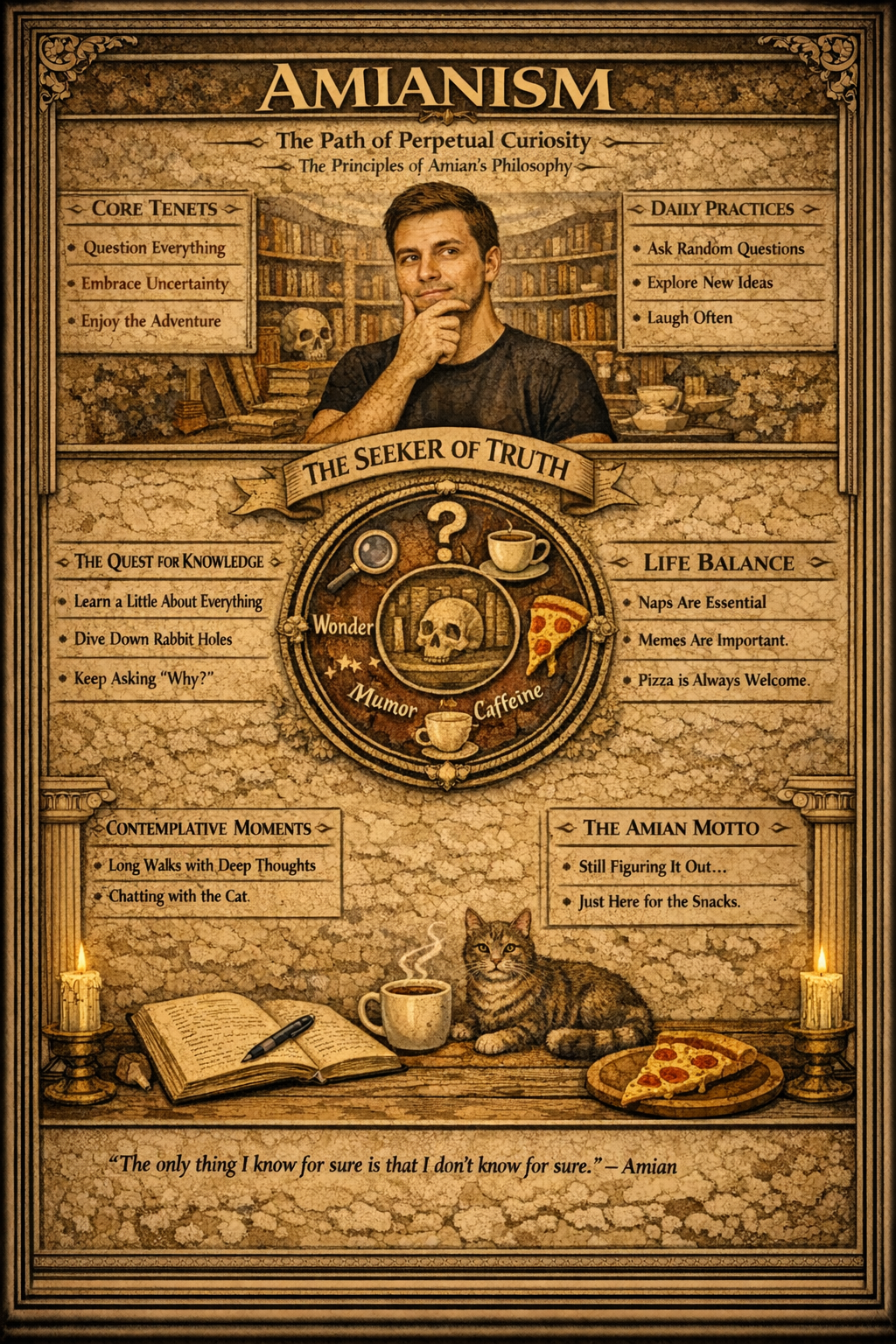 Antique poster describing Amianism as a path of curiosity with core tenets, daily practices, coffee, a cat, pizza, and a seeker of truth.